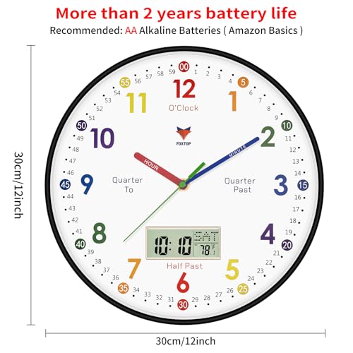 Foxtop Digital and Analog Learning Clock for Kids - Telling Time Teaching Clock 12 Inch Silent Non-Ticking Battery Operated Kids Wall Clock for Kids Room Playroom Nursery Classroom School (Black) - color: Black, size: 12 Inch