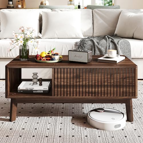 Fluted Lift Top Coffee Table with Storage Shelf and Hidden Compartment, Mid Century Modern Wooden Center Table for Living Room, Home Office, Walnut - color: Walnut Rectangle