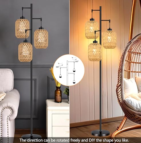QIYIZM Floor Lamp for Living Room,Bedroom,Boho Rattan Tree 3 Lights Farmhouse Floor Lights,Industrial Black Standing Lamp Wicker Rustic Tall Lamp,Woven Bamboo LampShade Floor Lamps Bohemian - size: Floor Lamp--17