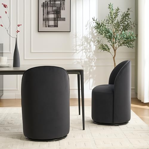 KEIKI Swivel Barrel Dining Chair, Velvet Upholstered Vanity Chair Dark Gray | Mid Century Modern Style, Round Armless Design, Curved Back Support, Small Space Seating, Dining, Vanity Or Accent Use - color: Dark Gray