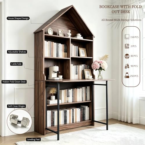 Folding A-Frame Bookshelf Narrow Bookcase with Hideaway Craft Desk Walnut | Convertible Hideaway Desk to Bookshelf for Small Spaces, Multifunctional Craft Table & Vanity - color: Natural Walnut