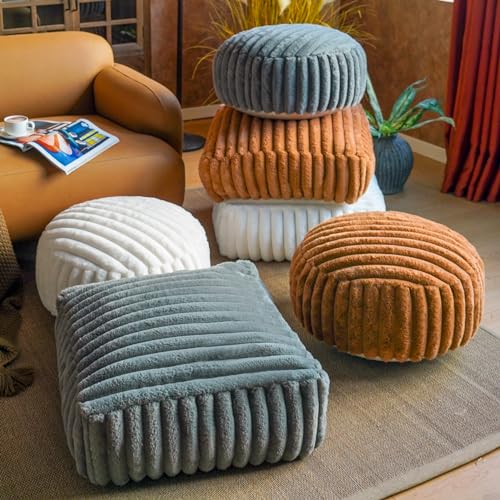 Round Unstuffed Ottoman Cover Pouf Foot Rest, Caramel | Cover Only, 20x20x8 In, Soft Short Plush, Ribbed Texture, Modern Style, Living Room, Bedroom, Reading Nook - color: Caramel