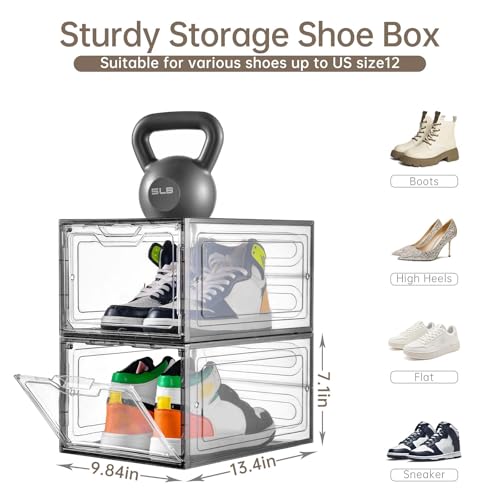Stebopum 12 Pack Shoe Boxes Shoes Organizer, Shoe Storage Organizer Boxes with Magnetic Door, Clear Shoe Organizers Sneaker Storage Shoe Box for Women/Men, Fit up to US Size 12 - color: Grey, size: 12 Count Fit Size 12