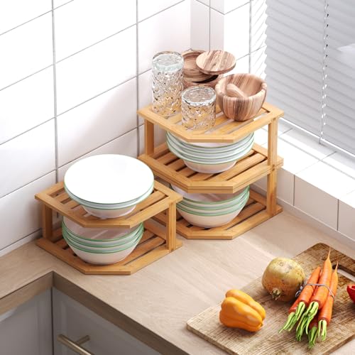 VERTORGAN 2 Tier Bamboo Corner Shelf 3 Pack Plate Organizer Kitchen | Pantry Storage,Dish Rack,Spice Rack,Corner Organizer,Kitchen Counter Shelves,Kitchen Storage,Holds Plates - color: Natural, size: 3 Pc