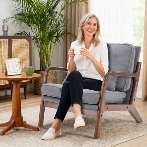 DUMOS Mid Century Accent Chairs Set of 2, 16'' Seat Height Lounge Chair | Upholstered Armchair with Waist Cushion and Wood Frame for Living Room, Bedroom, Reading Nook, Balcony, Light Grey - color: Light Grey, size: 2 Pack