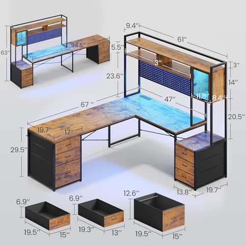 SEDETA Reversible L Shaped Gaming Desk with 6 Drawers, Hutch, Led Lights | Computer Office Desk with File Drawer, Storage Shelves, Gaming Corner Desk with Power Outlet for Two Person, Rustic Brown - color: Rustic Brown