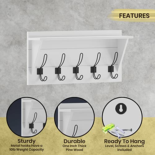 HBCY Creations 24" Wall Mounted Storage Rack - Pine Wood Construction - Solid White Finish - Upper Storage Shelf - 5 Hooks - Ideal for Entryway, Kitchen, Bathroom - color: Solid White