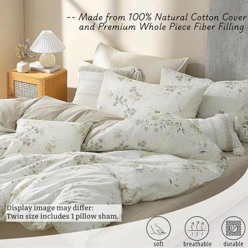 LEMIROE Floral Cotton Comforter Twin Size - Cream Comforter with Luxurious Grey Branches & Subtle Beige Blossoms,Reversible Lightweight Bedding Sets 2Pcs(68"×90") - color: Floral - Cream Beige, size: Twin/Twin XL(68"×90")