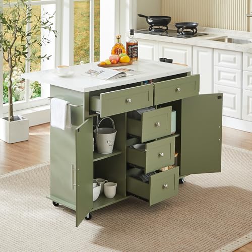 47" Kitchen Island with 2 Storage Cabinets & 5 Drawers, Green | Mobile Island Table for Kitchen with Imitation Marble Drop Leaf, Rolling Island Cart with Power Outlet, Spice Rack - color: Green
