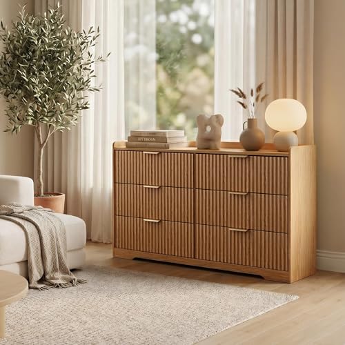 Modern Fluted 6 Drawer Dresser for Bedroom, 47"W x 26"H, Natural Oak | Wooden chest of drawers with metal handles, horizontal TV stand tops, smooth-gliding drawers, anti-drop panels, anti-tip kit - size: 15.6"D x 47.2"W x 26.8"H (6 Drawers)