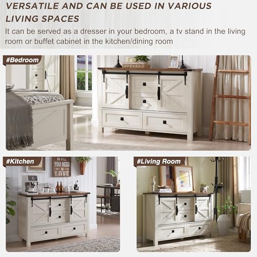T4TREAM 48" Wide Farmhouse Sideboard Buffet Cabinet, Antique White | 31.2" Tall Kitchen Cabinet with Storage, 2 Sliding Barn Doors, 4 Drawers, Rustic Wood, Coffee Bar Table, Dining Room - color: Antique White