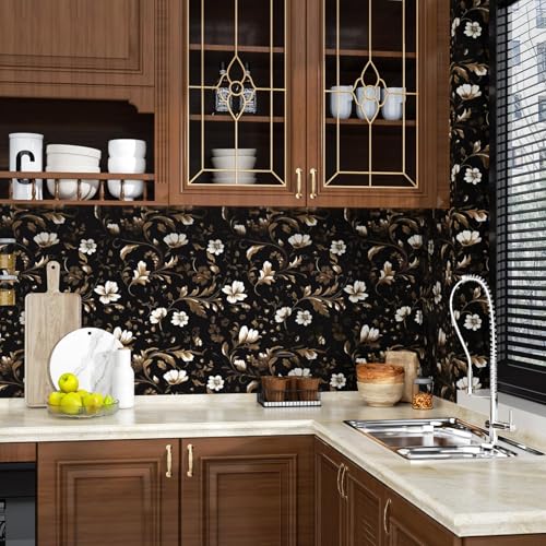 Vintage Black Floral Peel and Stick Wallpaper 17.4" x 394" | Renter Friendly, Removable & Waterproof, Vinyl Easy Install for Bedrooms, Bathrooms, Kitchens, Cabinets and Home Decor - color: Black/Gold, size: 17.4" x 394"