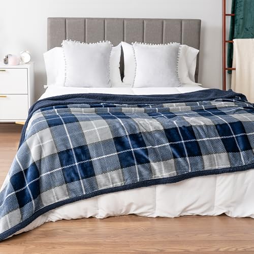 PAVILIA Twin Plaid Sherpa Throw Blanket for Couch Sofa Bed, Navy, 60x80 | GSM 460; Soft Plush Flannel Fleece; Warm&Cozy for Home; Machine Washable, Perfect Cabin Decor Winter Holiday Christmas Gift - color: Plaid Navy, size: 60 x 80 Inches