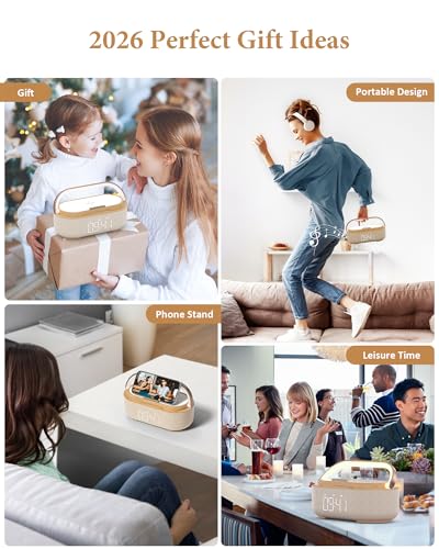 Bluetooth Speaker Alarm Clock & Wireless Charger for Bedside, Home, Office | FM Radio, Adjustable LED Night Light, 6 in 1 Bedroom Portable Speaker 2500mAh, Phone Stand - color: Beige