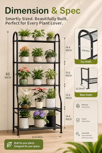 5-Tier Metal Plant Stand - Heavy Duty Indoor Outdoor Flower Shelf for Multiple Pots, 65" Tall Vertical Holder with Adjustable Leveling Feet & Wall-Fixing Kits, Black