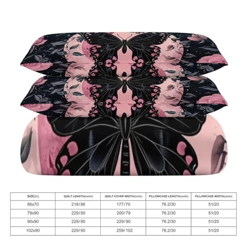 Black Butterfly, Pink Roses, Moons & Stars 3 Piece Reversible Bedding Set 86"x70",Double Sided Brushed Microfiber Duvet Cover Set with 2 Pillowcases Soft Breathable Comforter Cover for Home - color: Black Butterfly, Pink Roses, Moons & Stars, size: 86"x70