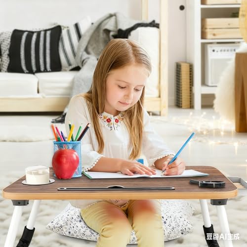 Fayquaze Portable Foldable Laptop Bed Desk with Storage Drawer and Cup Holder - Lap Desk Laptop Stand Tray Table for Eating, Reading and Working - color: Beige