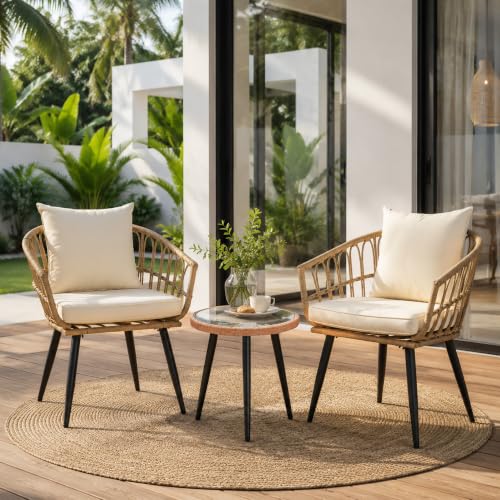 New 3 Piece Patio Bistro Set for Porch Backyard Lawn Poolside Deck, Beige | Handcrafted PE Rattan, Weather-Resistant, Modern Bohemian Design, Easy-Clean Surface, Compact Space Fit - size: NEW 3 Pieces