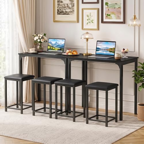 COSTWAY Dining Table Set, Counter Height Table & 2 Upholstered Stools | Black, PU Leather Seats, Metal Frame, Modern, Non-Slip Foot Pads, Space-Saving for Small Space, Kitchen Island - color: Black