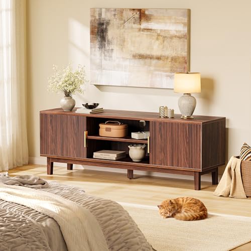54 Inch Fluted TV Stand for TVs Up to 55, 60 Inch, Mid Century Modern Entertainment Center with Storage, TV Console with Adjustable Shelves, Midea Console for Living Room Bedroom, Brown - color: Walnut
