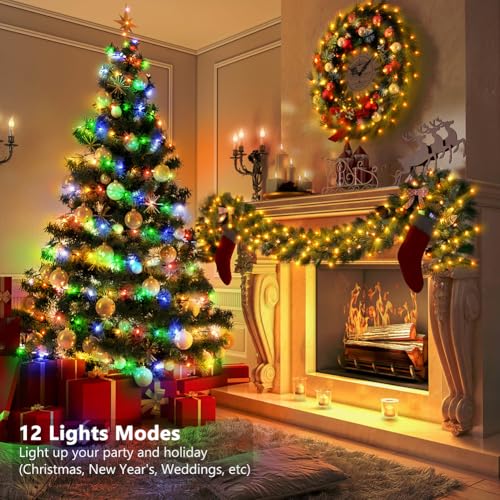 33ft Battery Operated String Lights, 100 LED Warm White & Multicolor Fairy String Lights Battery Powered w/Remote & Timer for Indoor Outdoor Christmas Trees Decoration Bedroom Patio - color: Green Wire - Dual Colors