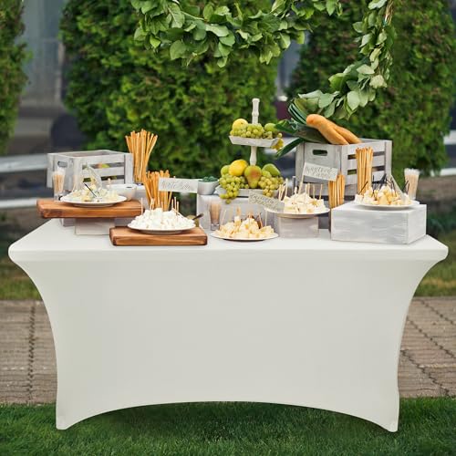 Nasitos 2 Pack Beige Table Cloth 6 Foot-Spandex Fitted Tablecloth Rectangle Tables, Open Back Stretch Folding Trade Show Table Covers Fabric Washable & Wrinkle Resistant for Parties, Wedding, Event - color: Beige, size: 6FT