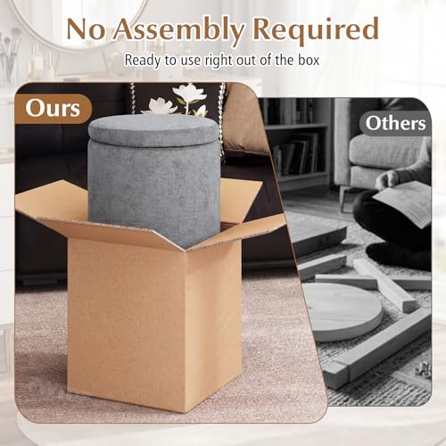 GIANTEX Round Ottoman with Storage, Chenille Fabric Vanity Stool with Removable Lid, Acacia Wood Frame, Ottoman Foot Rest for Living Room, Bedroom, Makeup Room No Assembly (Warm Light Gray)