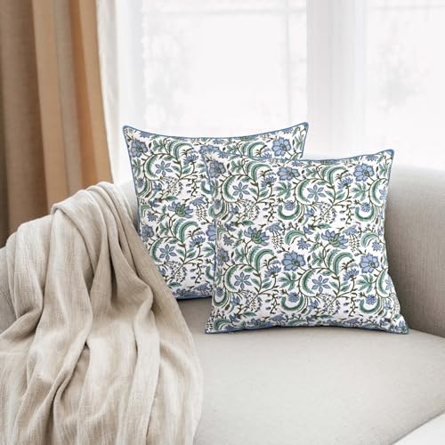 Block Print Columbia Blue Pillow Cover 18" x 18" (Pack of 2) Decorative Couch Pillows for Living Room, Chic Boho Cute Outdoor Pillows Covers Gifts for Spring, Easter and Valentine - color: Columbia Blue, size: 18" x 18" (Pack of 2)