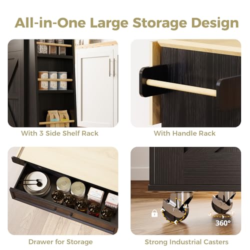 IRONCK Kitchen Island with Drop Leaf, 35.4" W Rolling Kitchen Table, Black | Rolling Kitchen Cart with Storage Cabinets, Drop Leaf, Built-in Power Outlet & Lockable Wheels for Kitchen Organization - size: 35.4-Inch