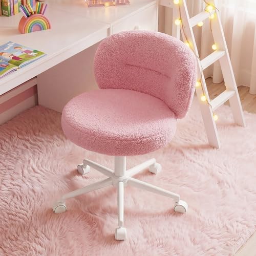 Homkdom Round Vanity Chair with Silent Wheels, 17.32" Wide Seat | Height Adjustable, 360 Swivel & Smooth Rolling, Armless Design for Makeup and Study - Pink - color: Pink
