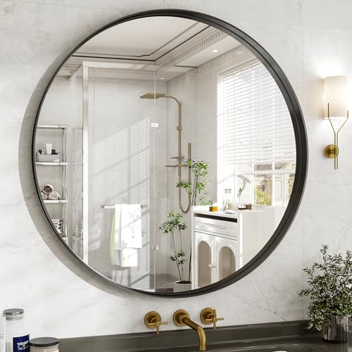 48 Inch Round Bathroom Mirror - Wall Mounted Circle Mirror with Metal Frame, Modern Mirror Suitable for Bathroom, Vanity, Entryway, Living Room, Wall Decor,Black - color: Black, size: 48"L x 48"W