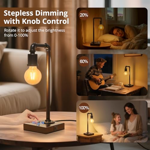 Industrial Table Lamp with Water Pipe Design, Fully Dimmable Bedside Lamp | Vintage Nightstand Lamp with USB C+A Ports, Steampunk Desk Lamp for Living Room, Bedroom, Dorm, Office, LED Bulb Included - color: Antique Bronze