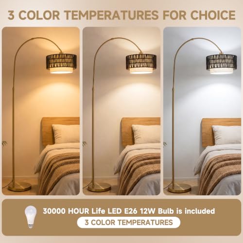 Arc Floor Lamp for Living Room with 12W Bulb,61.5"-72.4" Height Adjustable Rattan Floor Lamps with 3 Color Temps, Farmhouse Arched Standing Lamp,Boho Floor Lamp, Arched Floor Lamps for Bedroom, Office - color: Brass