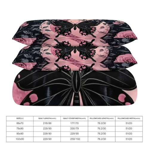 Black Butterfly, Pink Roses, Moons & Stars 3 Piece Reversible Bedding Set 102"x90",Double Sided Brushed Microfiber Duvet Cover Set with 2 Pillowcases Soft Breathable Comforter Cover for Home - color: Black Butterfly, Pink Roses, Moons & Stars, size: 102"x