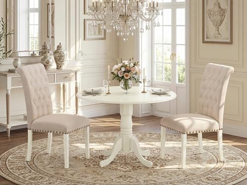East West Furniture DLBR3-WHI-02 3 Piece Modern Dining Table Set Contains a Round Wooden Table with Dropleaf and 2 Light Beige Linen Fabric Parson Dining Chairs, 42x42 Inch, Linen White - color: Dlbr3-whi-02
