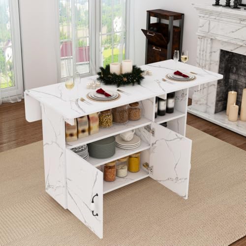 Folding Dining Table with Wheels, Drop Leaf Dinner Table with 2-Layer Storage, Space Saving Table for Small Spaces, Kitchen, Dining Room (White) - color: White