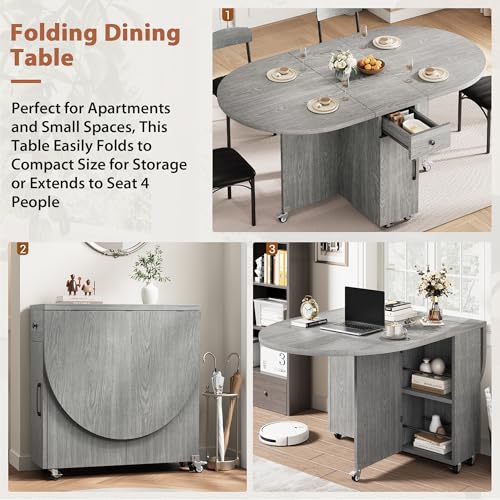 Jocoevol Round Folding Dining Table for 6, Space Saving Drop Leaf Kitchen Table with Storage Drawer, 6 Wheels Oval Gateleg Foldable Dining Table for Small Spaces (Grey, 51" x 31.5" x 30") - color: Grey