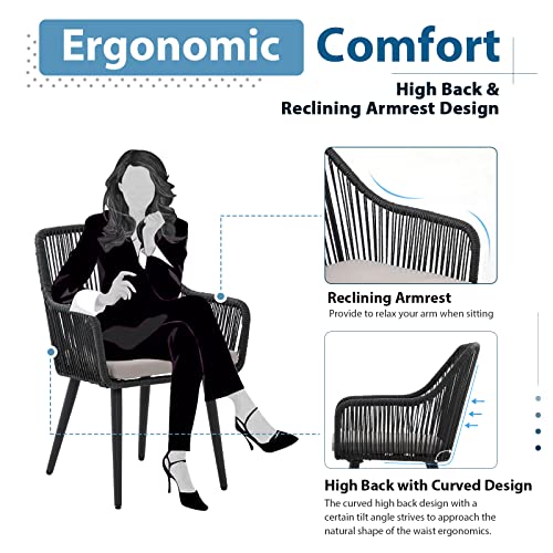 2 PCS Outdoor Dining Chairs, Rattan Patio Chairs with Armrest, Black | All-Weather Woven Rattan & Iron Frame, w/Seat Cushions,350lb Weight Capacity, for Backyard, Poolside, Balcony, Indoor Kitchen - color: Black, size: 2 Pcs-Dining Chairs