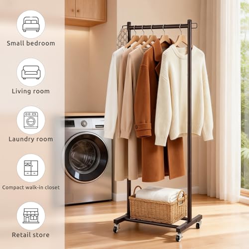 LiaMeE 63 Inch Tall Clothes Rack with Wheels, Heavy Duty Metal Garment Rack with Shoe Shelf, Rolling Clothing Rack Holds 110lbs, Small Space Wardrobe Rack for Bedroom Laundry, Black
