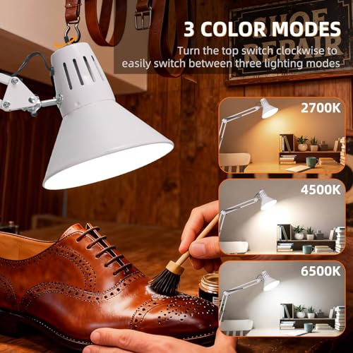 White Dimmable Desk Lamp with Clamp, Extra-Tall Adjustable Swing Arm | Manicurist Table Lamp for Nail Work, Drafting, Sewing, Crafting, Home Office, 3 Color Temperatures, A19 Bulb Included - color: White, size: 3 Adjustable Lighting modes-Extra Long Swing