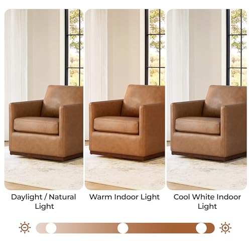 CHITA Genuine Leather Swivel Chair, Wood Frame, Fully Assembled, Saddle | Leather Arm Chair with 360° Swivel Solid Wood Base, Mid Century Modern Living Room Chair, 33"Dx30"Wx33"H, 300 Lb Capacity - color: Saddle