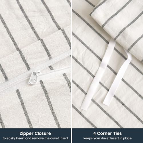 Wake In Cloud - Striped Cotton Duvet Cover Set, Ticking Stripe Vertical Pinstripe Farmhouse, 100% Washed Cotton Textured Bedding Set, 3 Pieces, White, Full Size - color: White, size: Full