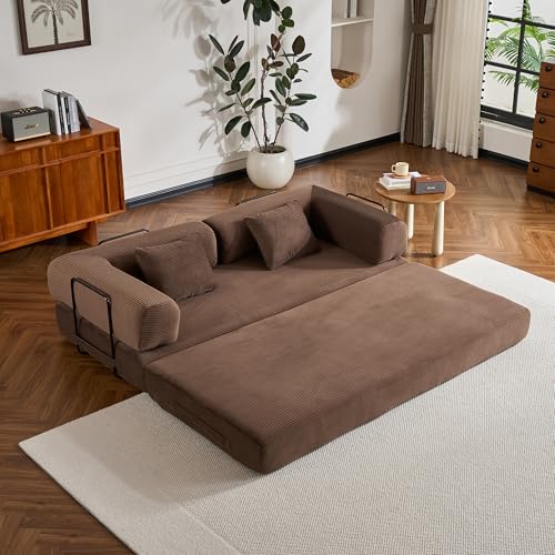 ZEIINPA Convertible Folding Couch Bed, Comfy Corduroy Sleeper Floor Sofa Bed with Fixed-Shape Frame, Floor Sofa with Armrest, Lounge Couch for Living Room Bedroom Lounge Studio, Dark Brown