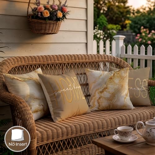 OBSEDE Gold Marble Home Bless Decorative Throw Pillow Covers 18x18 Set of 4 | Cozy Couch Cushion Cases, Abstract Farmhouse Style, Invisible Zipper, Single-Sided, Sofa Bed Living Room Housewarming Gift - color: Inspirational Beige Marble, size: 18" x 18" (