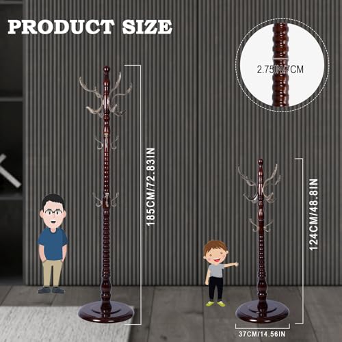 Coat Racks FreeStanding with 14 Hooks, Natural Wood Coat Rack with Solid Round Base, Adjustable Height Coat Racks, Easy Assembly for Hallway, Bedroom and Office (Reddish Brown-Metal Hook) - color: Reddish Brown-Metal Hook