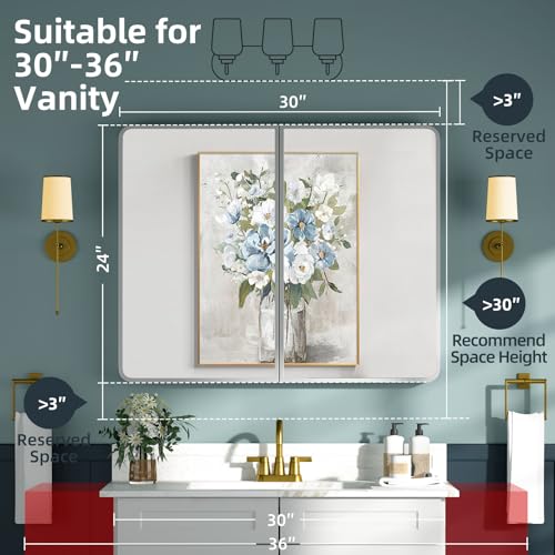 Bathroom Medicine Cabinet with Mirror 24x30Inch, Silver Medicine Cabinet Recessed or Surface Wall-Mounted, Mirrored Cabinets with Sturdy Metal Adjustable Shelves for Bathroom Vanity - color: Silver, size: 24*30inch