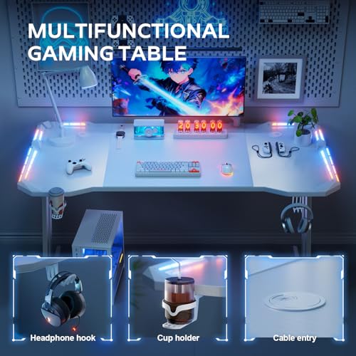 HLDIRECT 55 Inch Gaming Desk with App-Controlled RGB LED Lights, White | Z-shaped frame design, cup holder, headphone hook, cable management & mouse pad, for dual-monitor gaming and work setup - size: 55 INCH WHITE