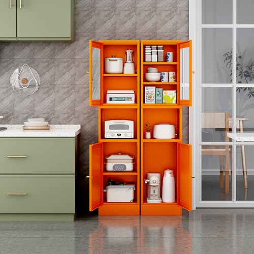 67" Tall Metal Narrow Storage Cabinet | Pantry Cabinet with 2 Doors & 3 Adjustable Shelves - color: 2 Glass Doors-orange, size: 11.81"D x 15.75"W x 66.93"H