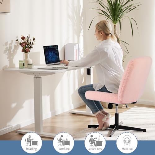 DUMOS Criss Cross Chair No Wheels, Cross Legged Office Desk Armless Vanity Chiar Wide Seat, Height Adjustable Swivel Computer Task Chairs for Home Bedroom, Pink Teddy - color: Pink Teddy