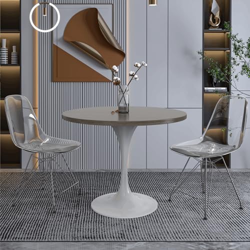 LeisureMod Verve Mid-Century Modern 36 Inch Round Dining Table, MDF Wood Tabletop with White Steel Pedestal Base, Contemporary Kitchen & Dining Room Table, for Small Spaces (Dark Maple) - color: Dark Maple Wood, size: 36 inch Wide
